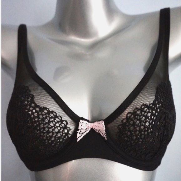 Victorias Secret Body by Victoria Black Crochet Lace Plunge Unlined Demi Bra 32C - Picture 1 of 3